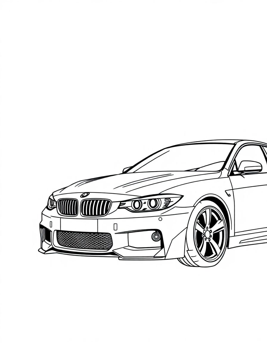 black and white, white background, coloring page of car with black lines and a white background, , very detailed design with thin lines