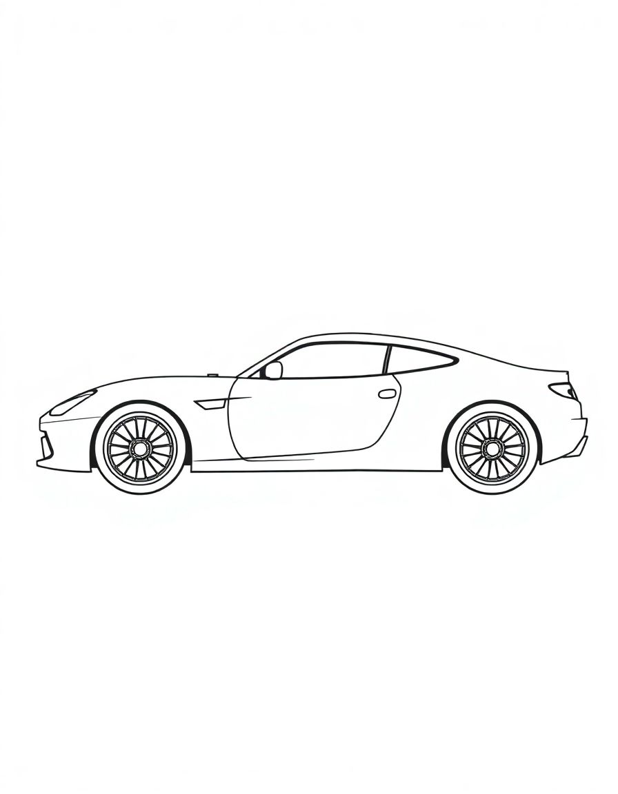 black and white, white background, coloring page of car with black lines and a white background, , very detailed design with thin lines