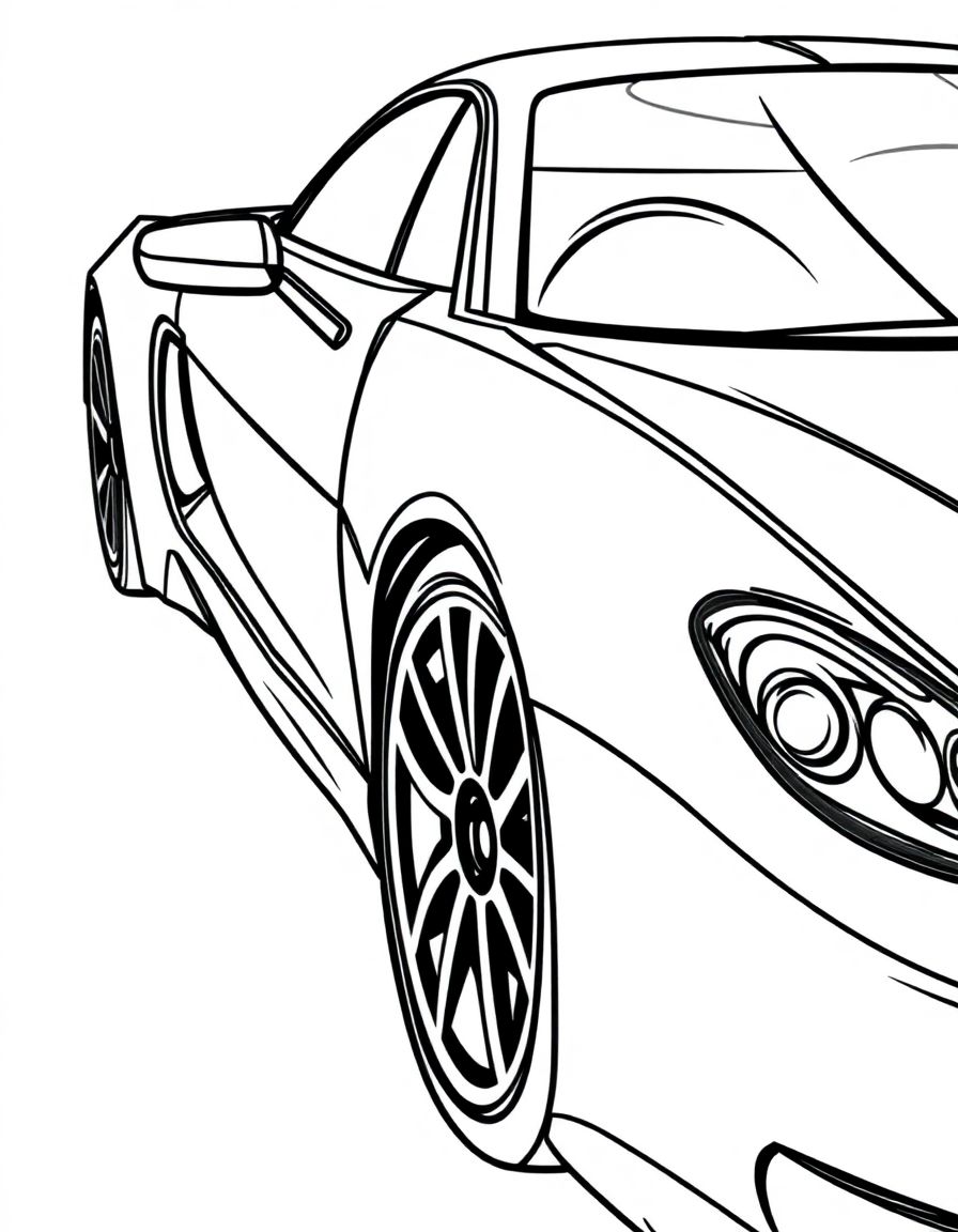 black and white, white background, coloring page of car with black lines and a white background, , very detailed design with thin lines