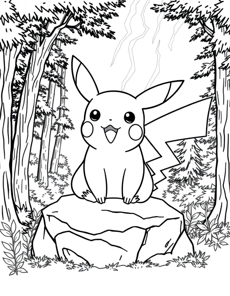 black and white, white background, coloring page of Pikachu sitting on a rock in a forest with lightning bolts in the background. with black lines and a white background, , very detailed design with thin lines