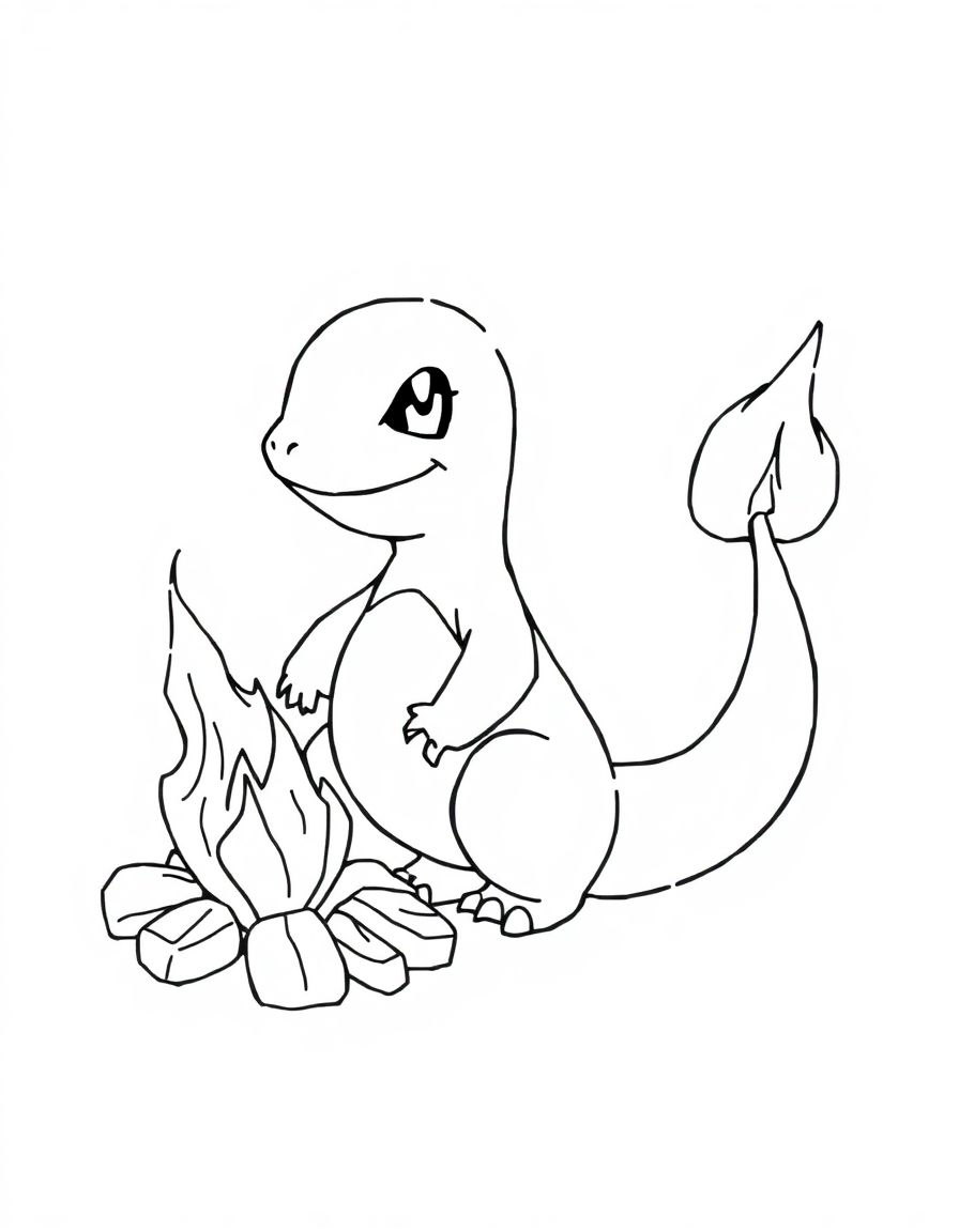 black and white, white background, coloring page of Charmander playing with its tail flame near a campfire. with black lines and a white background, , very detailed design with thin lines