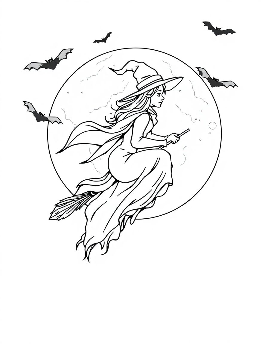 black and white, white background, coloring page of A witch riding a broomstick across a full moon with bats flying around during halloween. with black lines and a white background, , very detailed design with thin lines