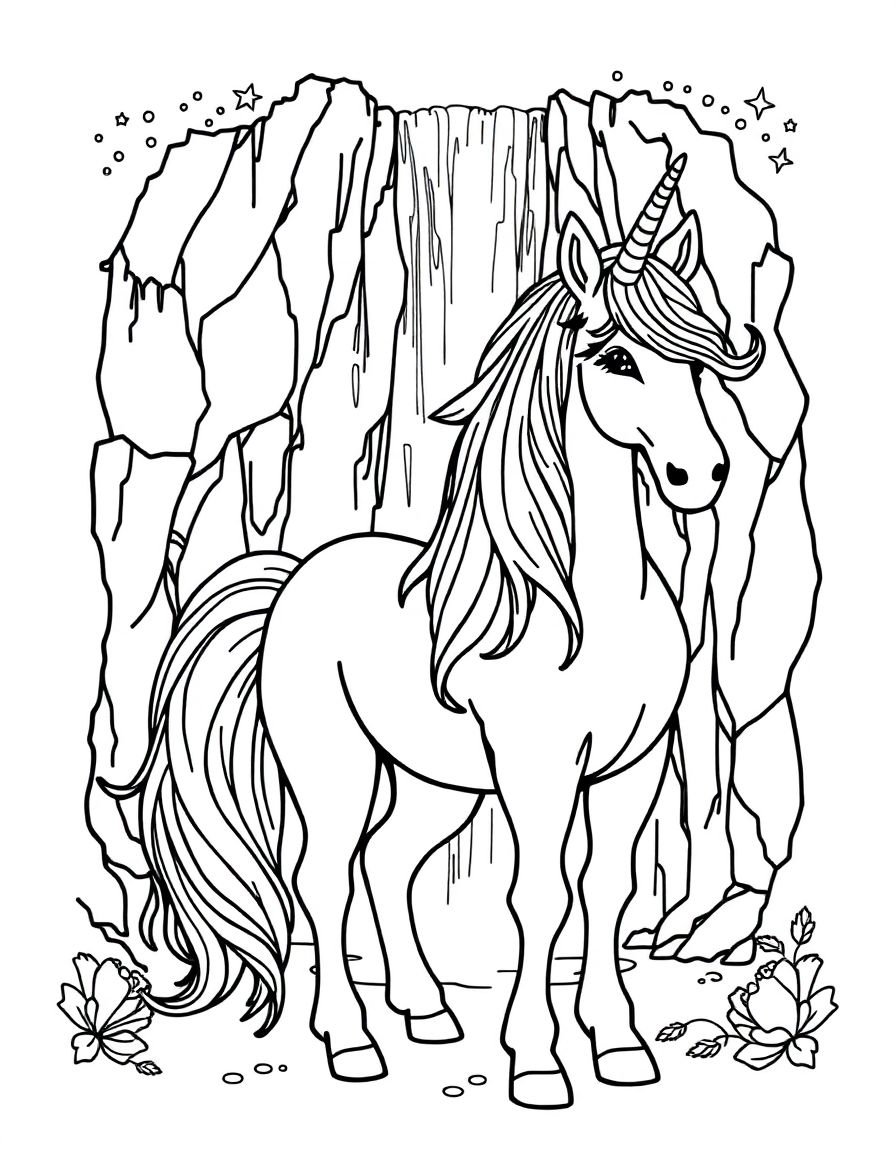 black and white, white background, coloring page of A majestic unicorn with a shimmering rainbow mane standing in front of a magical waterfall. with black lines and a white background, , very detailed design with thin lines