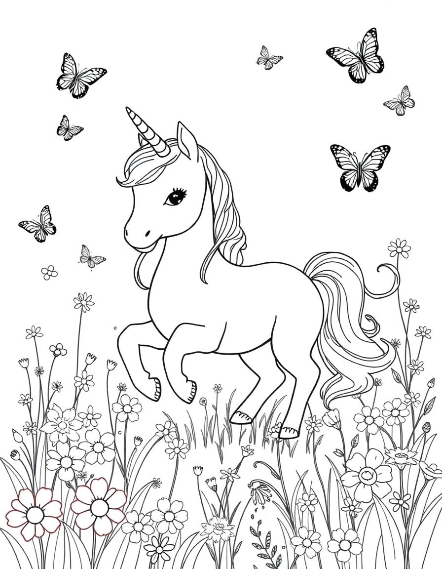 black and white, white background, coloring page of A baby unicorn playing in a meadow filled with colorful flowers and butterflies. with black lines and a white background, , very detailed design with thin lines