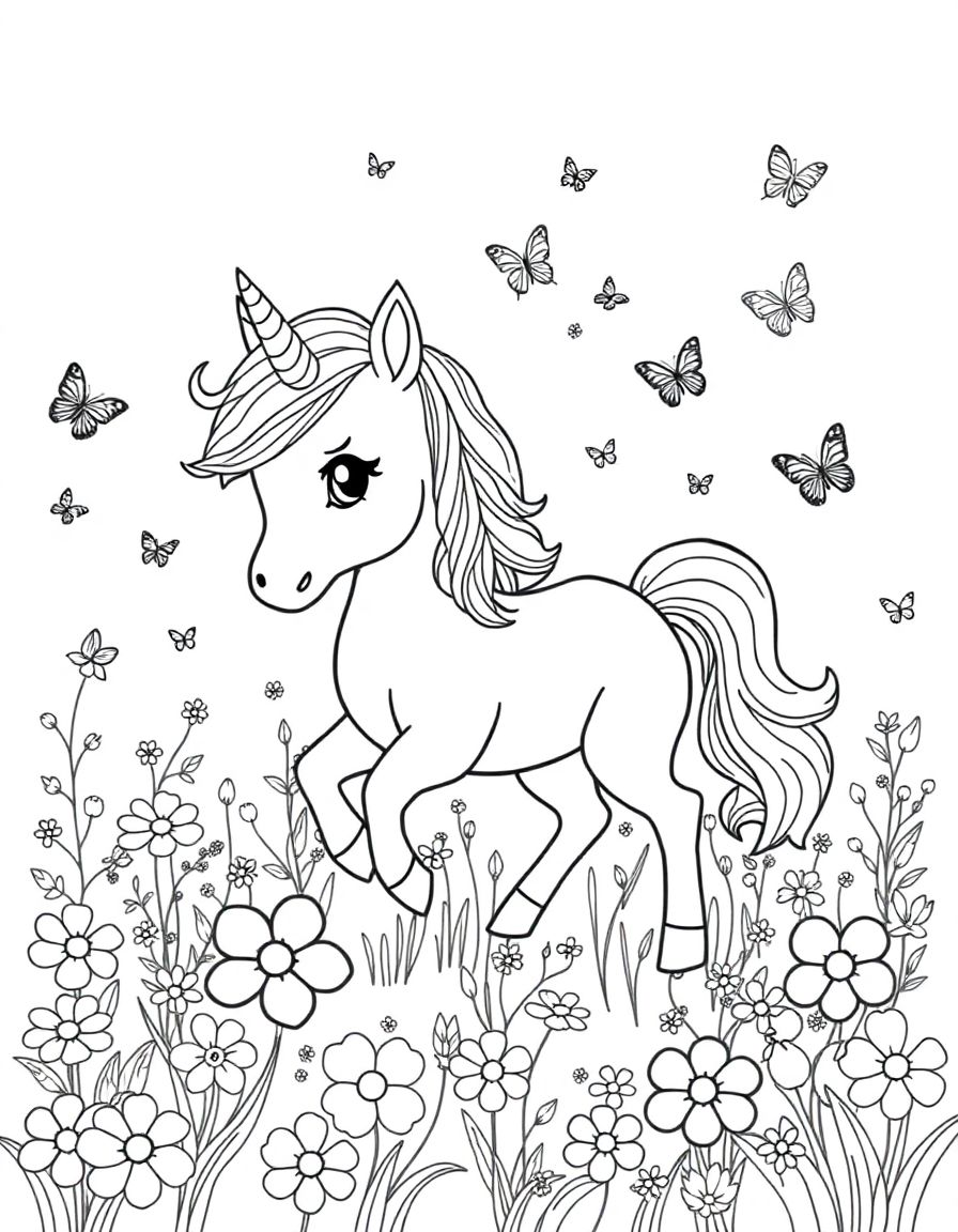 black and white, white background, coloring page of A baby unicorn playing in a meadow filled with colorful flowers and butterflies. with black lines and a white background, , very detailed design with thin lines