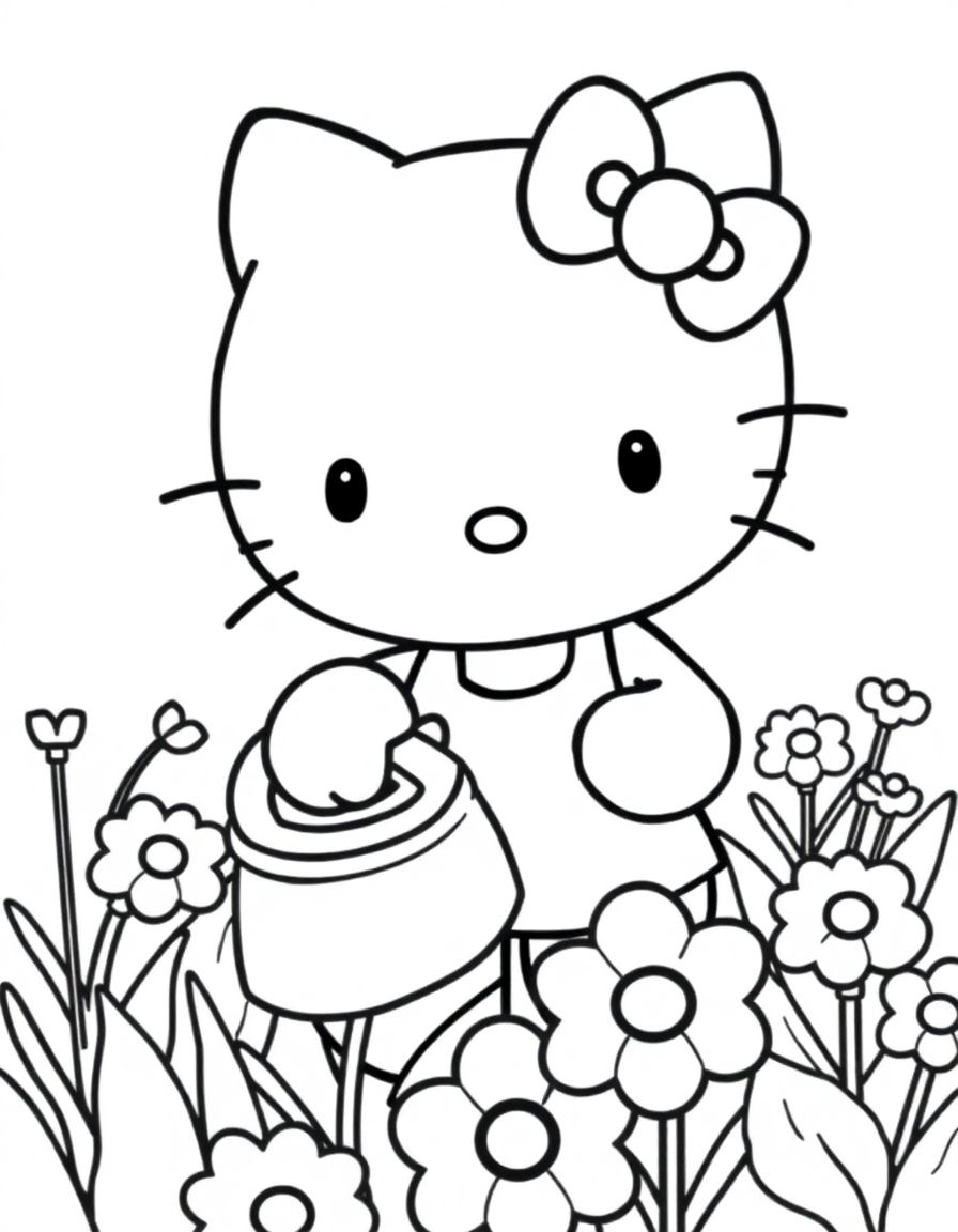 black and white, white background, coloring page of Hello Kitty watering flowers in a garden with a cheerful smile. with black lines and a white background, , very detailed design with thin lines