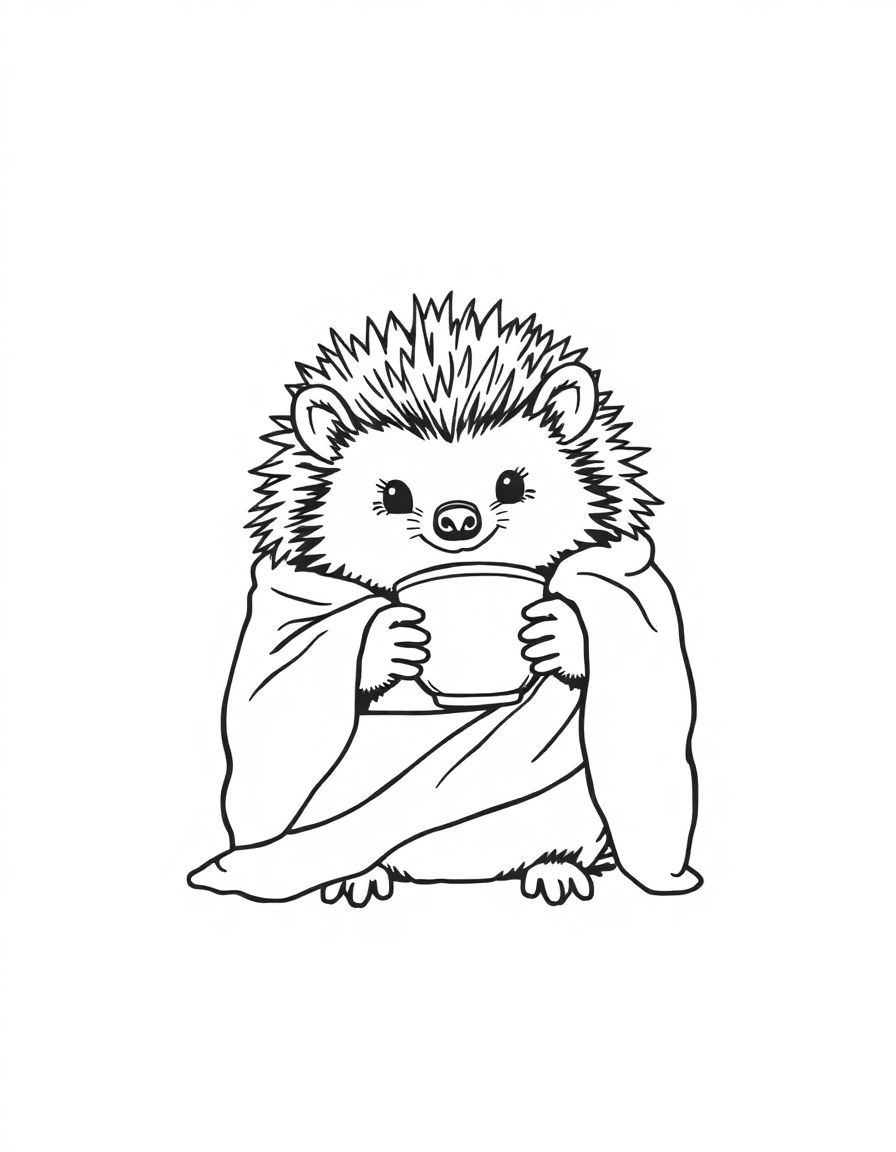 black and white, white background, coloring page of A tiny hedgehog wrapped in a blanket and holding a teacup. with black lines and a white background, , very detailed design with thin lines