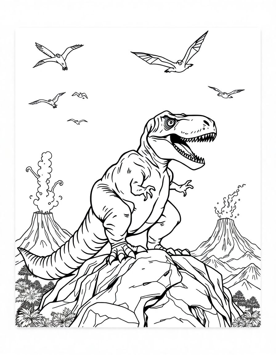 black and white, white background, coloring page of A mighty T-Rex roaring triumphantly on a rocky hilltop, with a background of volcanoes and pterodactyls flying in the sky. with black lines and a white background, , very detailed design with thin lines