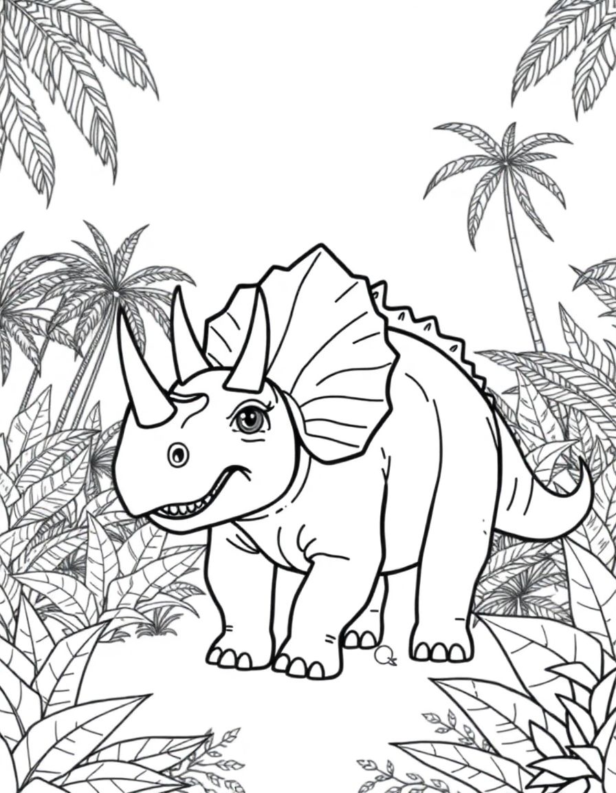 black and white, white background, coloring page of A friendly Triceratops with three horns and a frill, standing in a lush jungle with big ferns and palm trees. with black lines and a white background, , very detailed design with thin lines