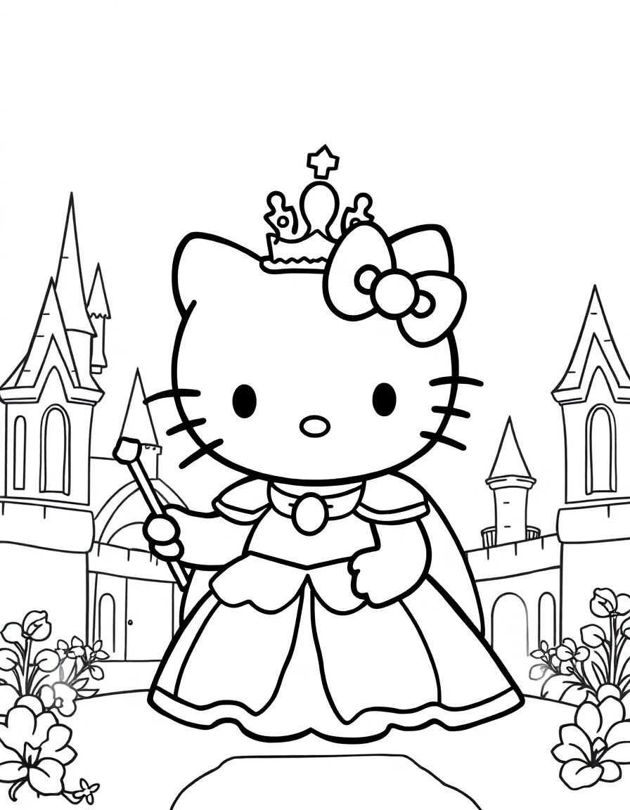 black and white, white background, coloring page of Hello Kitty dressed as a princess in a fairytale castle with a crown and magic wand. with black lines and a white background, , very detailed design with thin lines