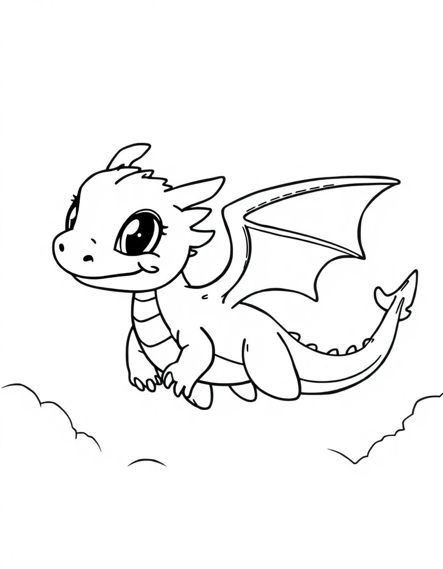 black and white, white background, coloring page of A cute tiney disney dragon flying in the sky with black lines and a white background, , very detailed design with thin lines