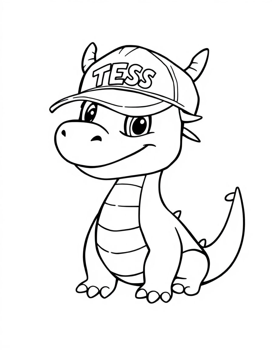 black and white, white background, coloring page of cute disney like dragon with a cap on that has the name "TESS" on it with black lines and a white background, , very detailed design with thin lines