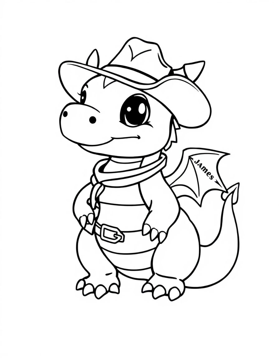 black and white, white background, coloring page of cute tiny dragon with a cowboy het on that has the name "JAMES" on it with black lines and a white background, , very detailed design with thin lines