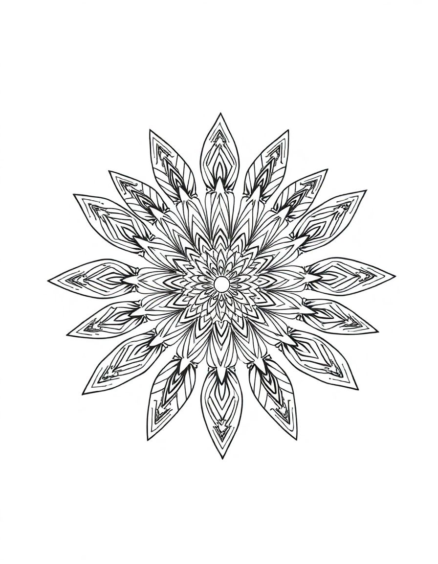 black and white, white background, coloring page of detailed creative mandala coloring page with black lines and a white background, , very detailed design with thin lines