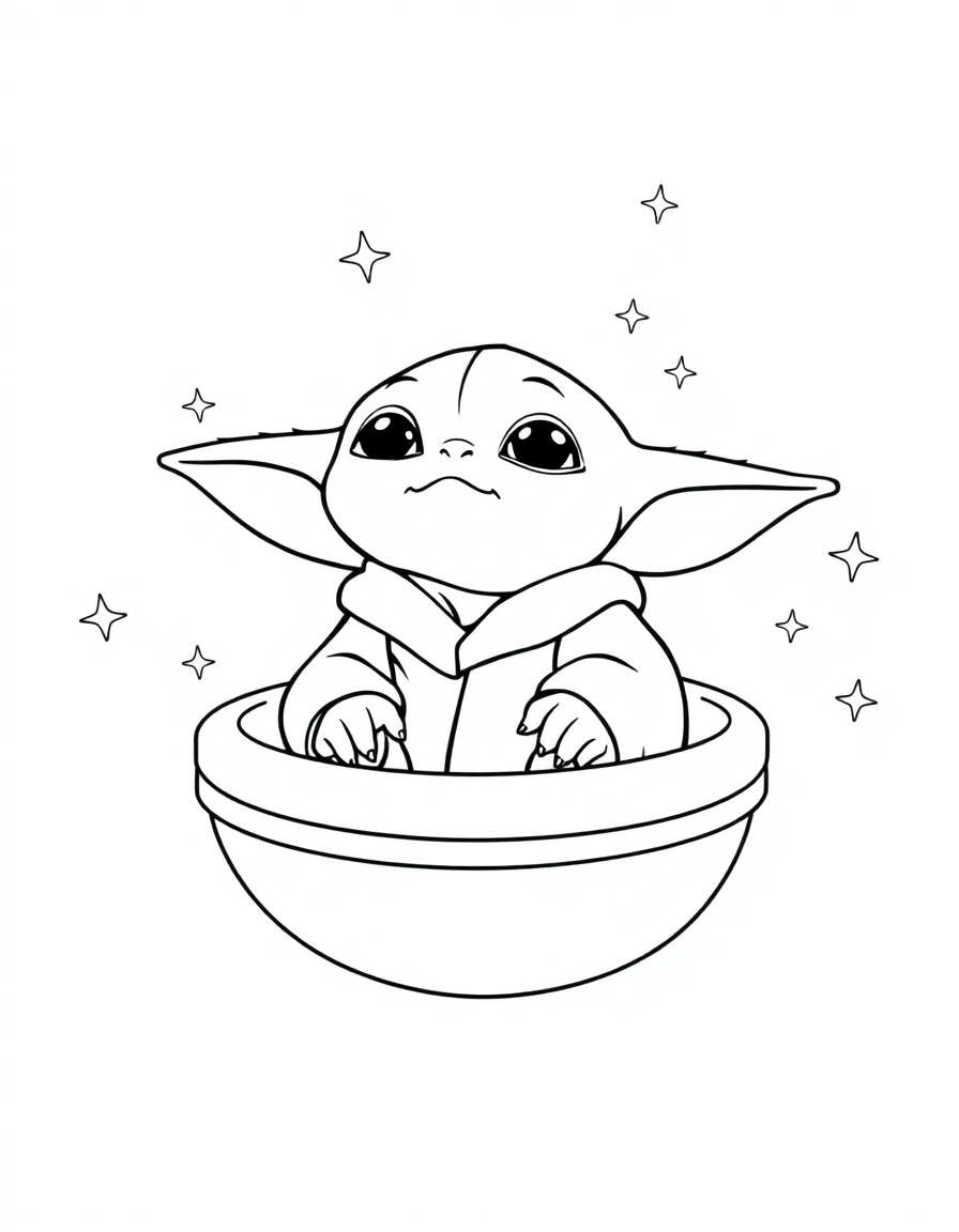 coloring page with pure white background and solid black lines only, no grayscale or shading: Baby Yoda sitting in his floating pod with stars twinkling around him, precise thin black outlines, intricate details for advanced coloring, iconic character design, recognizable features, clean outlines perfect for coloring, perfect for printing