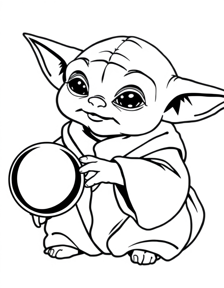 coloring page with pure white background and solid black lines only, no grayscale or shading: Baby Yoda holding a shiny silver ball with a curious expression, precise thin black outlines, intricate details for advanced coloring, iconic character design, recognizable features, clean outlines perfect for coloring, perfect for printing