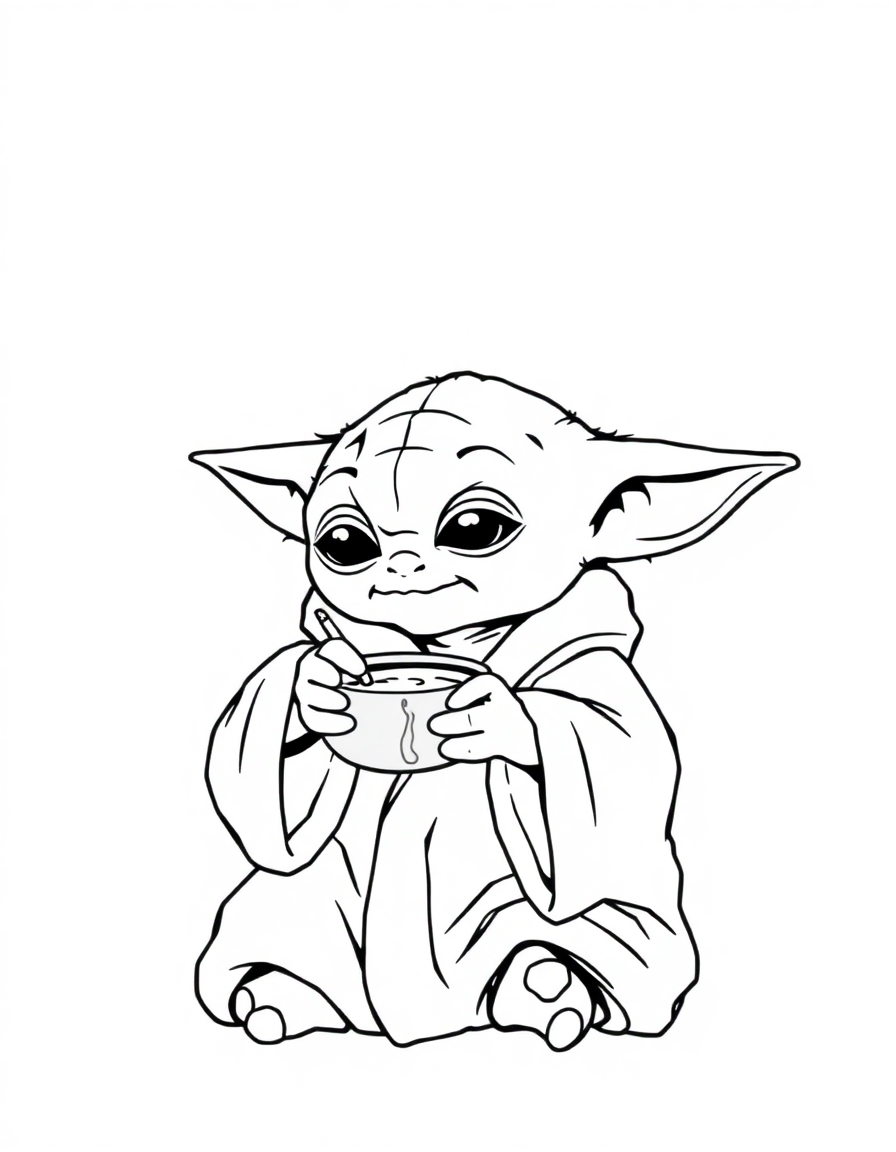 coloring page with pure white background and solid black lines only, no grayscale or shading: Baby Yoda wearing a cozy robe and sipping soup under a starry night sky, precise thin black outlines, intricate details for advanced coloring, iconic character design, recognizable features, clean outlines perfect for coloring, perfect for printing