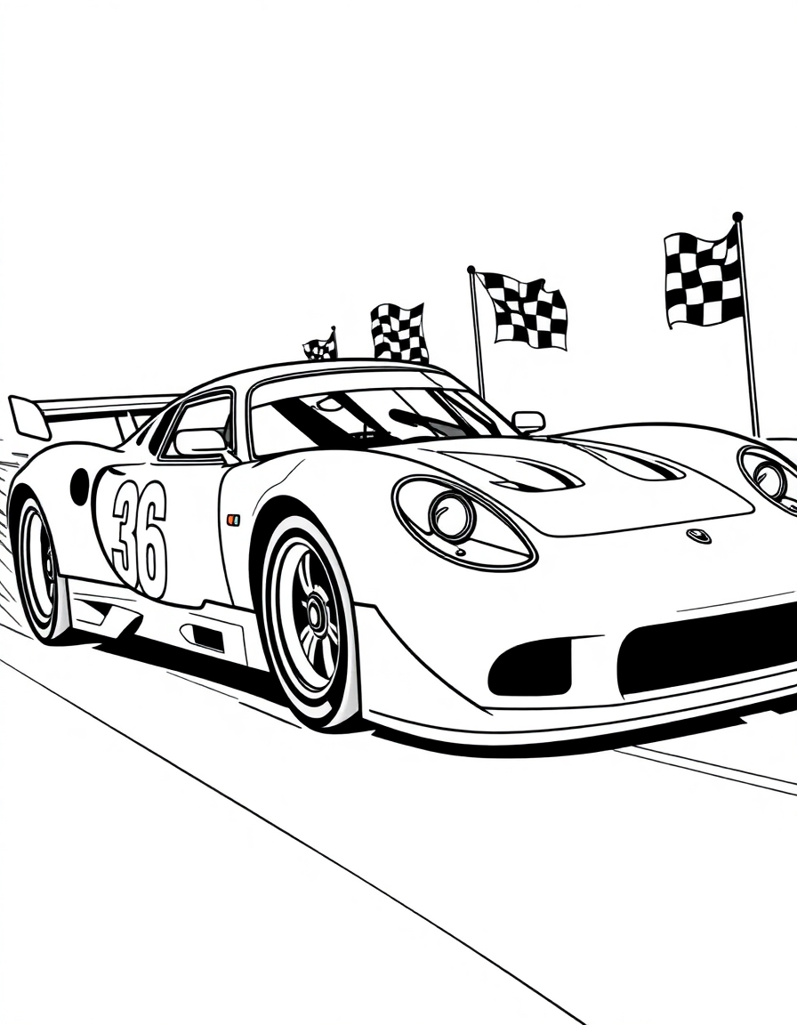 coloring page with pure white background and solid black lines only, no grayscale or shading: A shiny race car zooming on a track with big numbers on its side and checkered flags flying in the background., precise thin black outlines, intricate details for advanced coloring, clear vehicle outlines, defined mechanical parts, exciting design, perfect for printing