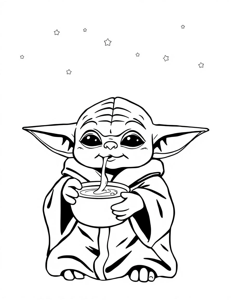 coloring page with pure white background and solid black lines only, no grayscale or shading: Baby Yoda wearing a cozy robe and sipping soup under a starry night sky, precise thin black outlines, intricate details for advanced coloring, iconic character design, recognizable features, clean outlines perfect for coloring, perfect for printing