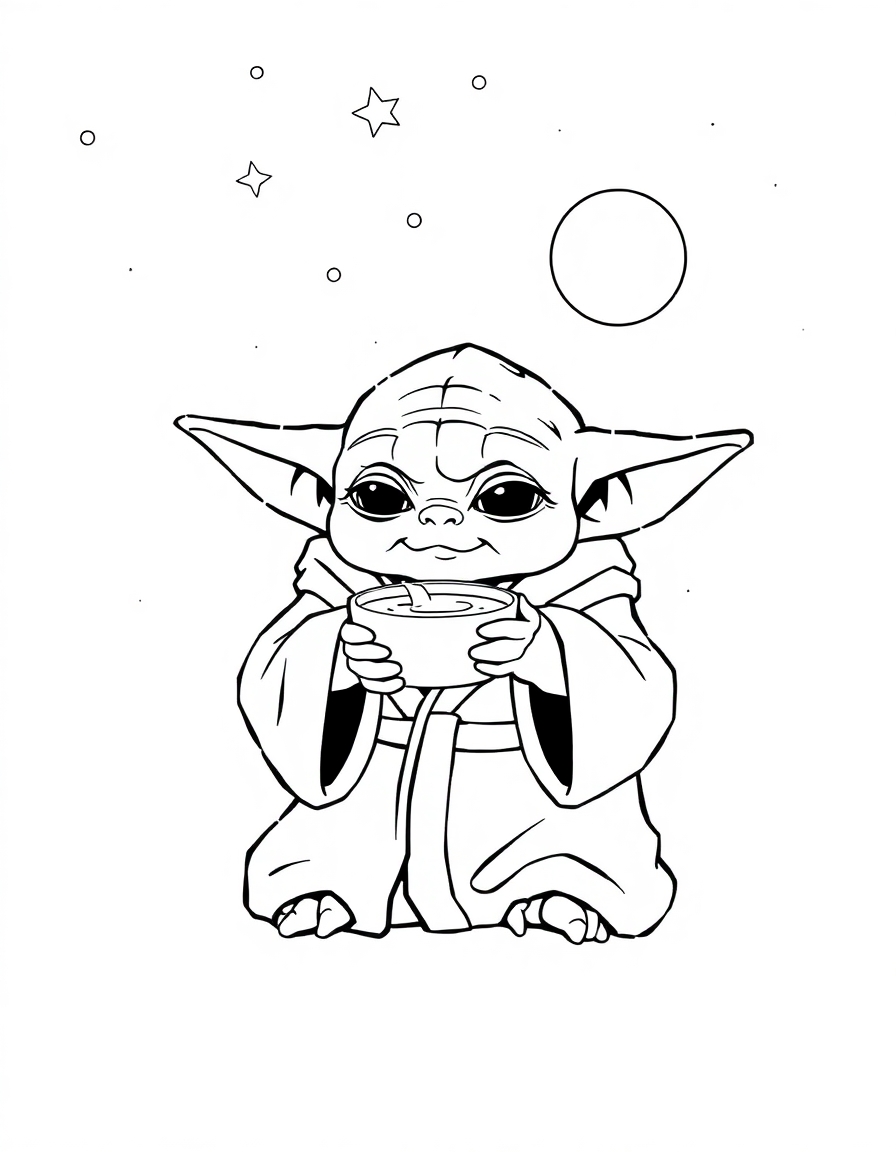 coloring page with pure white background and solid black lines only, no grayscale or shading: Baby Yoda wearing a cozy robe and sipping soup under a starry night sky, precise thin black outlines, intricate details for advanced coloring, iconic character design, recognizable features, clean outlines perfect for coloring, perfect for printing