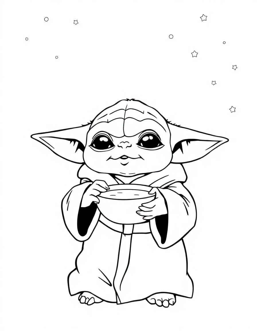 coloring page with pure white background and solid black lines only, no grayscale or shading: Baby Yoda wearing a cozy robe and sipping soup under a starry night sky, precise thin black outlines, intricate details for advanced coloring, iconic character design, recognizable features, clean outlines perfect for coloring, perfect for printing