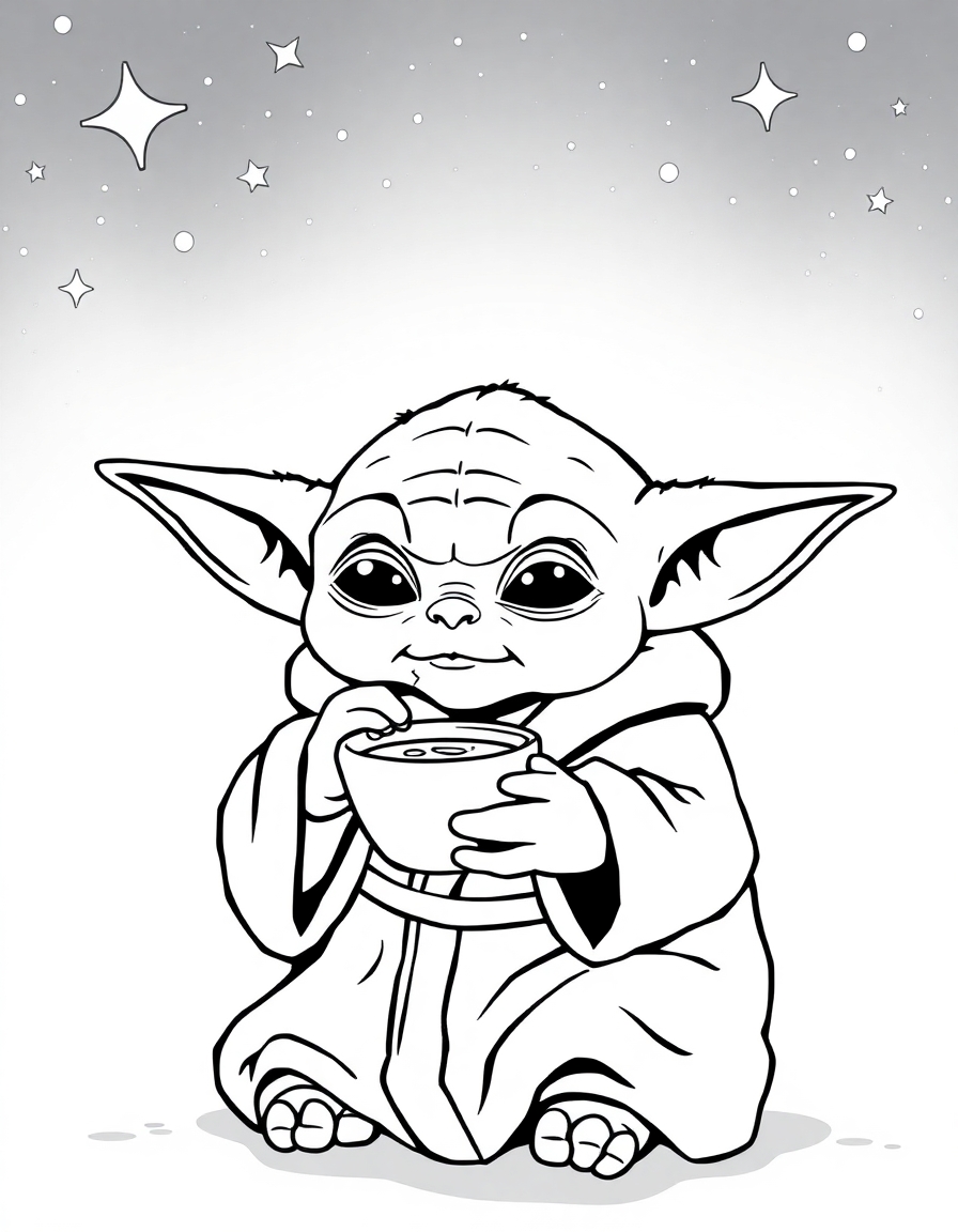 coloring page with pure white background and solid black lines only, no grayscale or shading: Baby Yoda wearing a cozy robe and sipping soup under a starry night sky, precise thin black outlines, intricate details for advanced coloring, iconic character design, recognizable features, clean outlines perfect for coloring, perfect for printing