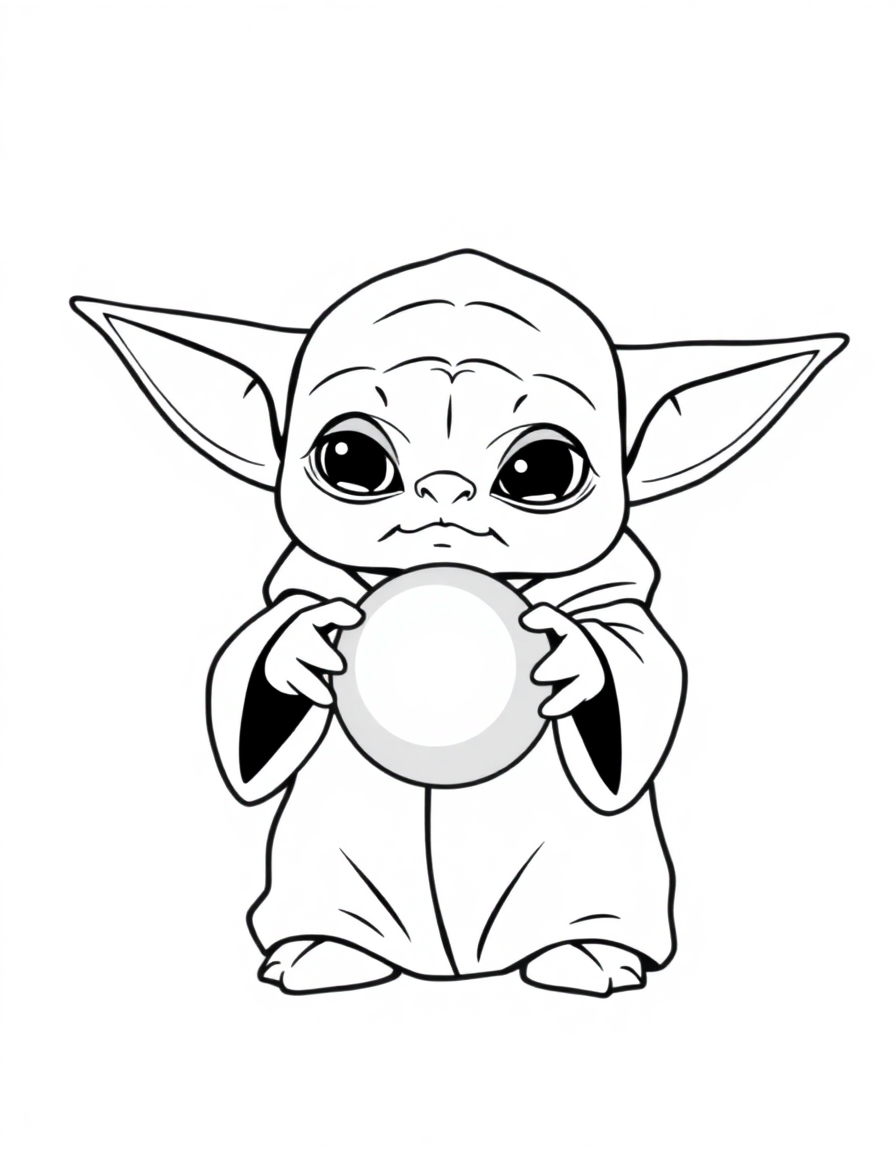 coloring page with pure white background and solid black lines only, no grayscale or shading: Baby Yoda holding a shiny silver ball with a curious expression, thick black outlines, large clear spaces perfect for young children, iconic character design, recognizable features, clean outlines perfect for coloring, perfect for printing