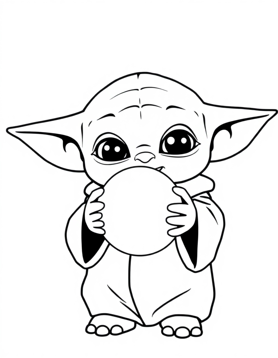 coloring page with pure white background and solid black lines only, no grayscale or shading: Baby Yoda holding a shiny silver ball with a curious expression, thick black outlines, large clear spaces perfect for young children, iconic character design, recognizable features, clean outlines perfect for coloring, perfect for printing