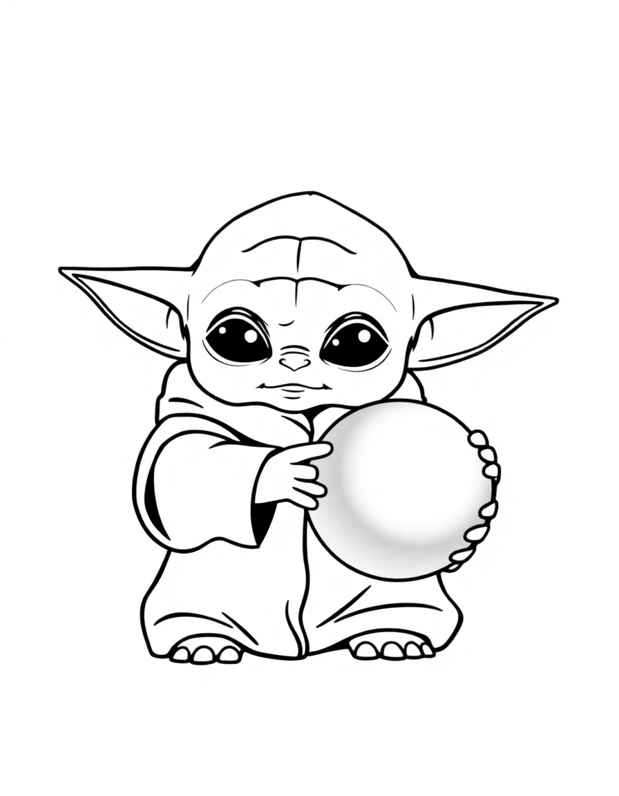 coloring page with pure white background and solid black lines only, no grayscale or shading: Baby Yoda holding a shiny silver ball with a curious expression, thick black outlines, large clear spaces perfect for young children, iconic character design, recognizable features, clean outlines perfect for coloring, perfect for printing