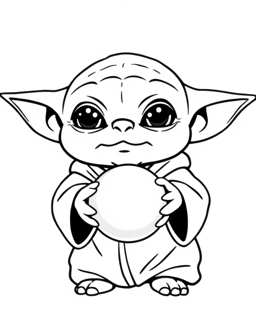 coloring page with pure white background and solid black lines only, no grayscale or shading: Baby Yoda holding a shiny silver ball with a curious expression, thick black outlines, large clear spaces perfect for young children, iconic character design, recognizable features, clean outlines perfect for coloring, perfect for printing