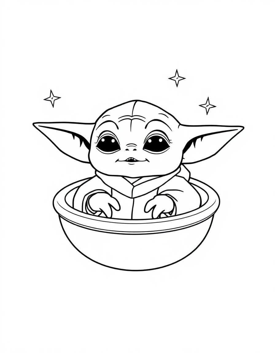 coloring page with pure white background and solid black lines only, no grayscale or shading: Baby Yoda sitting in his floating pod with stars twinkling around him, precise black outlines, intricate details for advanced coloring, iconic character design, recognizable features, clean outlines perfect for coloring, perfect for printing