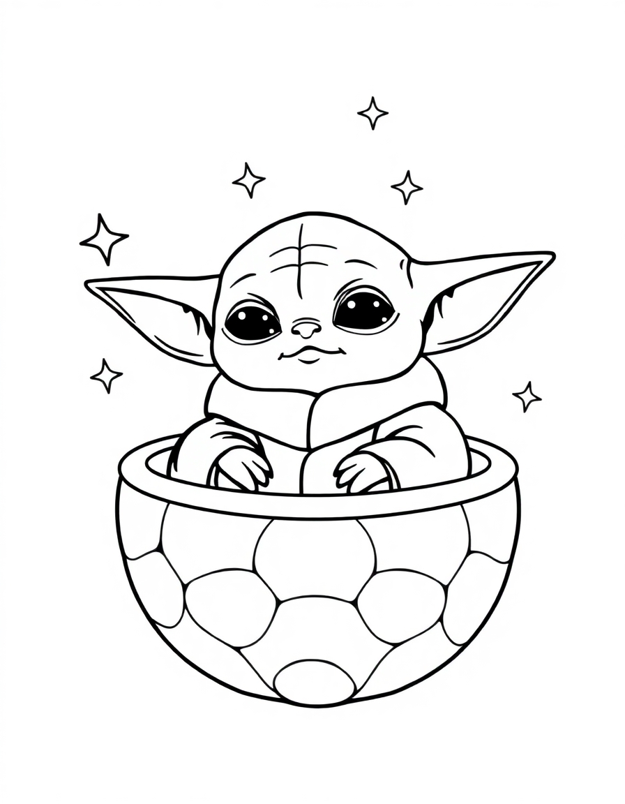 coloring page with pure white background and solid black lines only, no grayscale or shading: Baby Yoda sitting in his floating pod with stars twinkling around him, precise black outlines, intricate details for advanced coloring, iconic character design, recognizable features, clean outlines perfect for coloring, perfect for printing