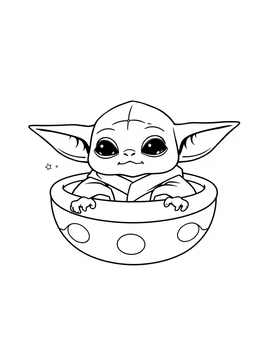 coloring page with pure white background and solid black lines only, no grayscale or shading: Baby Yoda sitting in his floating pod with stars twinkling around him, precise black outlines, intricate details for advanced coloring, iconic character design, recognizable features, clean outlines perfect for coloring, perfect for printing