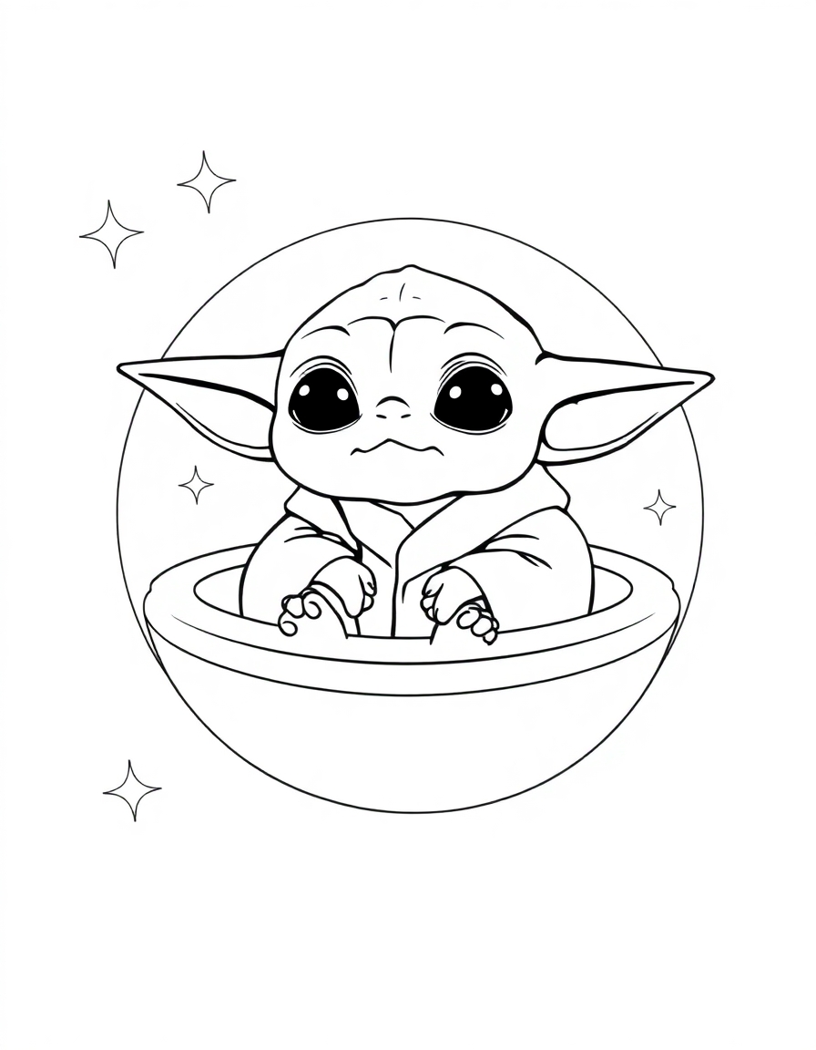 coloring page with pure white background and solid black lines only, no grayscale or shading: Baby Yoda sitting in his floating pod with stars twinkling around him, precise black outlines, intricate details for advanced coloring, iconic character design, recognizable features, clean outlines perfect for coloring, perfect for printing