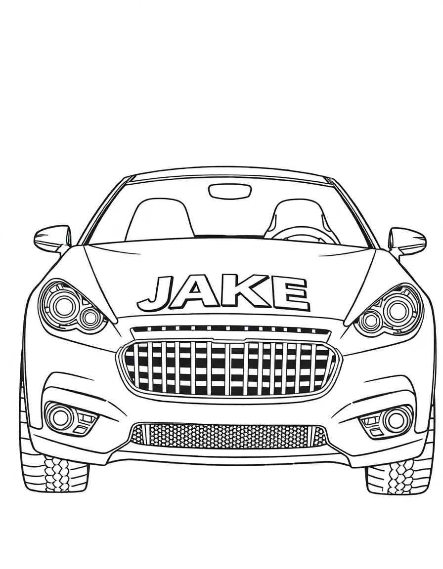 coloring page with pure white background and solid black lines only, no grayscale or shading: car with the name JAKE on it, precise black outlines, intricate details for advanced coloring, personalized design, clear readable elements, decorative style, perfect for printing