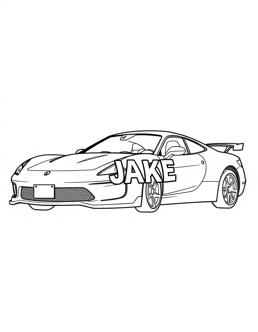 coloring page with pure white background and solid black lines only, no grayscale or shading: car with the name JAKE on it, precise black outlines, intricate details for advanced coloring, personalized design, clear readable elements, decorative style, perfect for printing