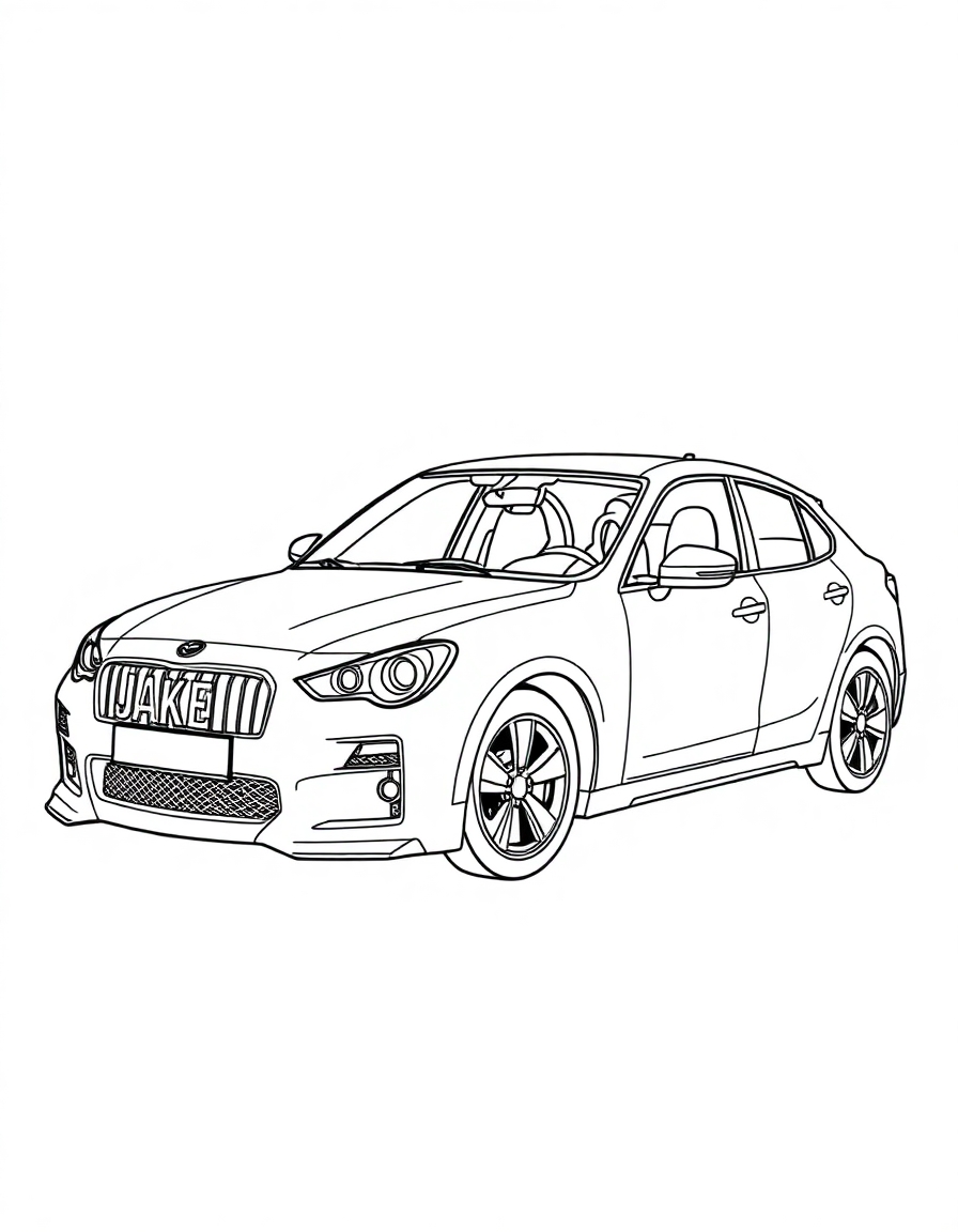 coloring page with pure white background and solid black lines only, no grayscale or shading: car with the name JAKE on it, precise black outlines, intricate details for advanced coloring, personalized design, clear readable elements, decorative style, perfect for printing