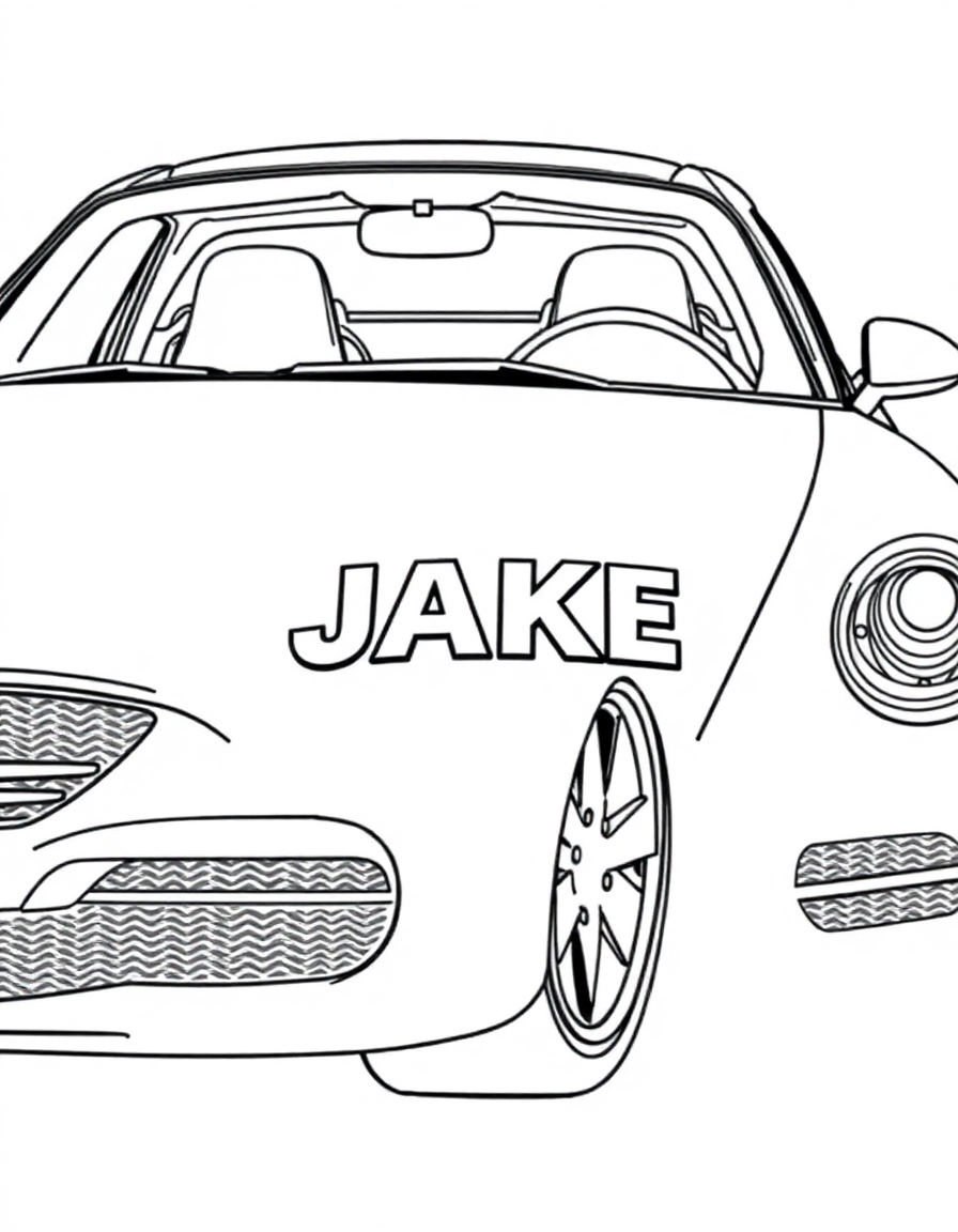 coloring page with pure white background and solid black lines only, no grayscale or shading: car with the name JAKE on it, precise black outlines, intricate details for advanced coloring, personalized design, clear readable elements, decorative style, perfect for printing