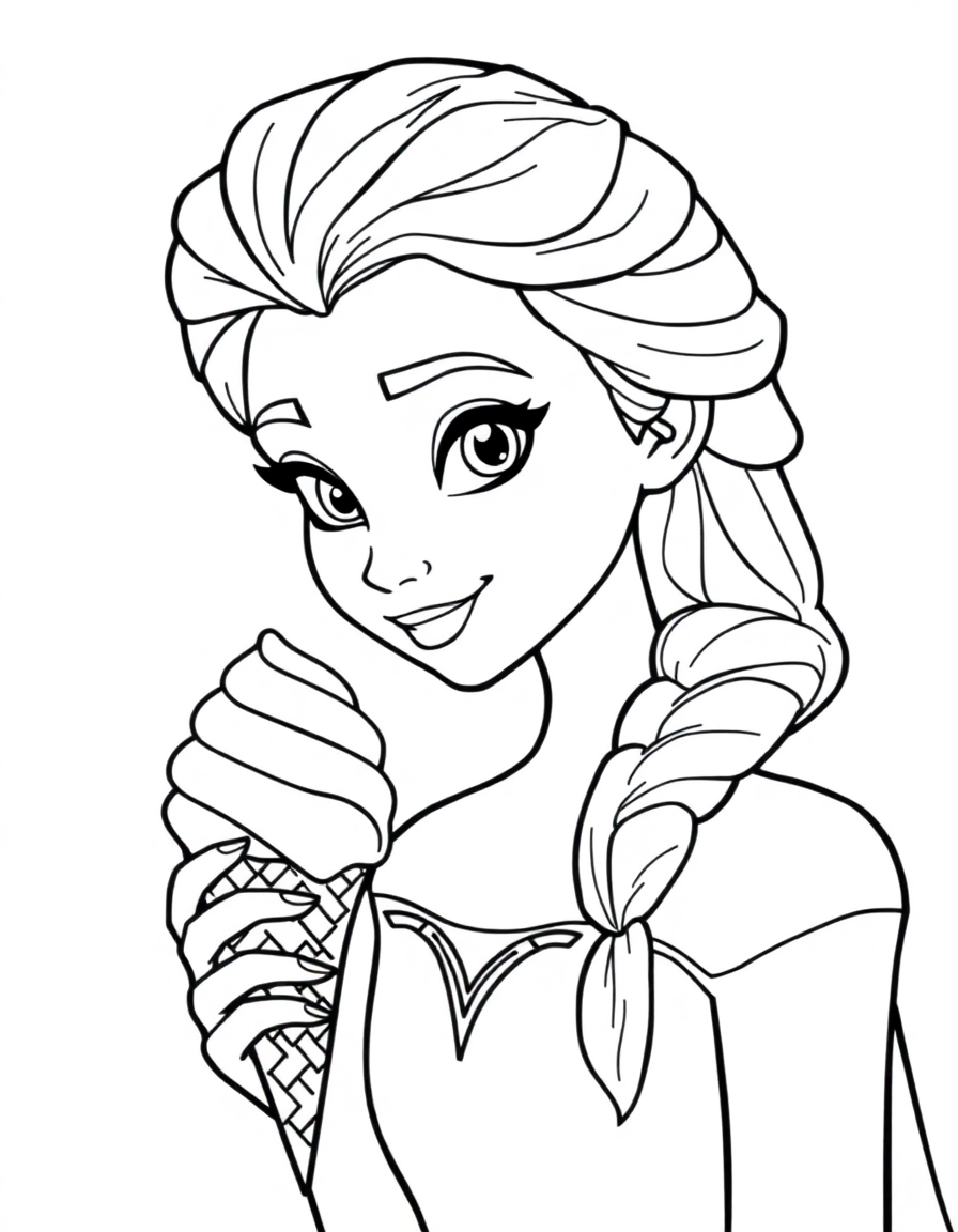 coloring page with pure white background and solid black lines only, no grayscale or shading: elsa holding an ice cream cone, precise black outlines, intricate details for advanced coloring, iconic character design, recognizable features, clean outlines perfect for coloring, perfect for printing