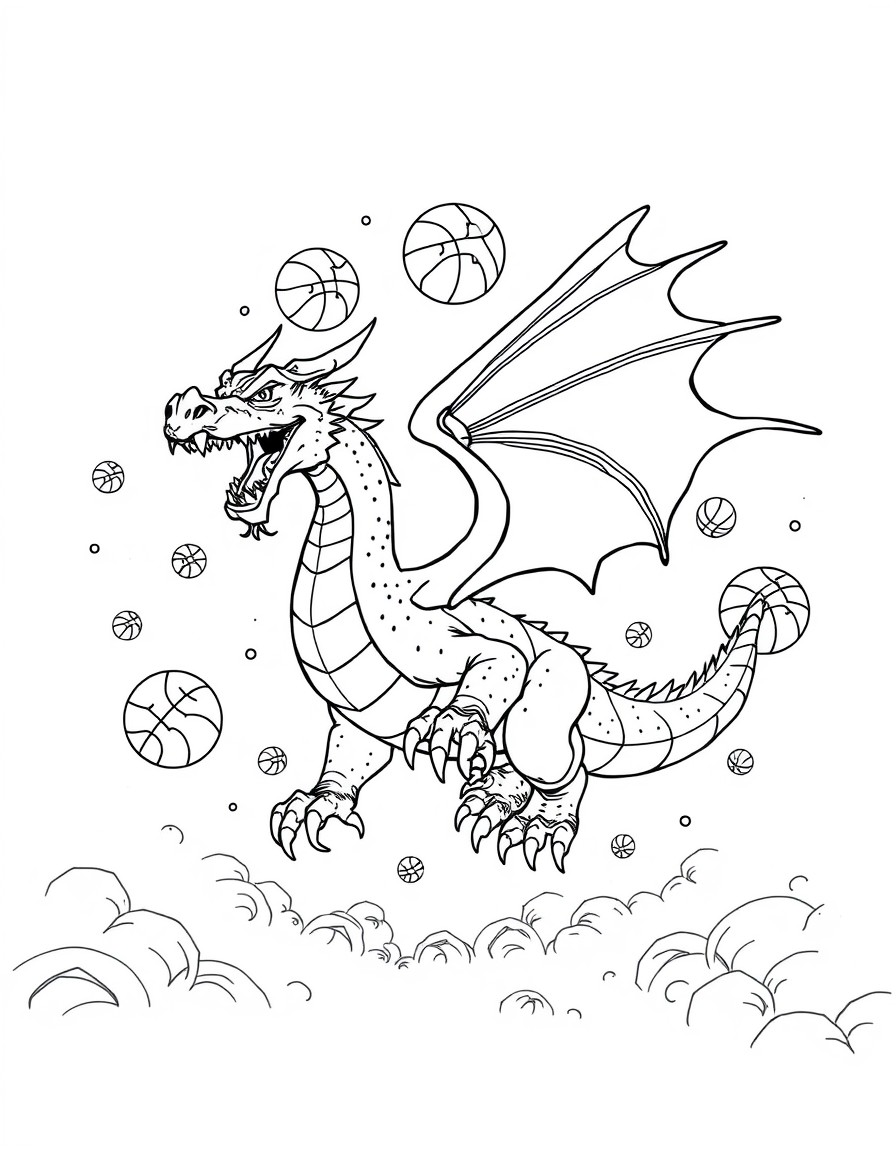 dragon with flying basketballs all over the place