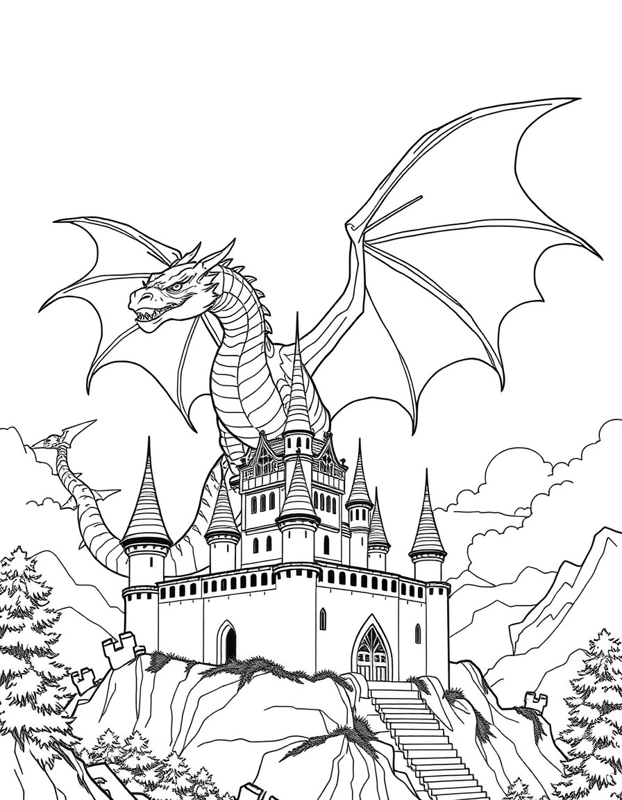 dragon flying above a castle