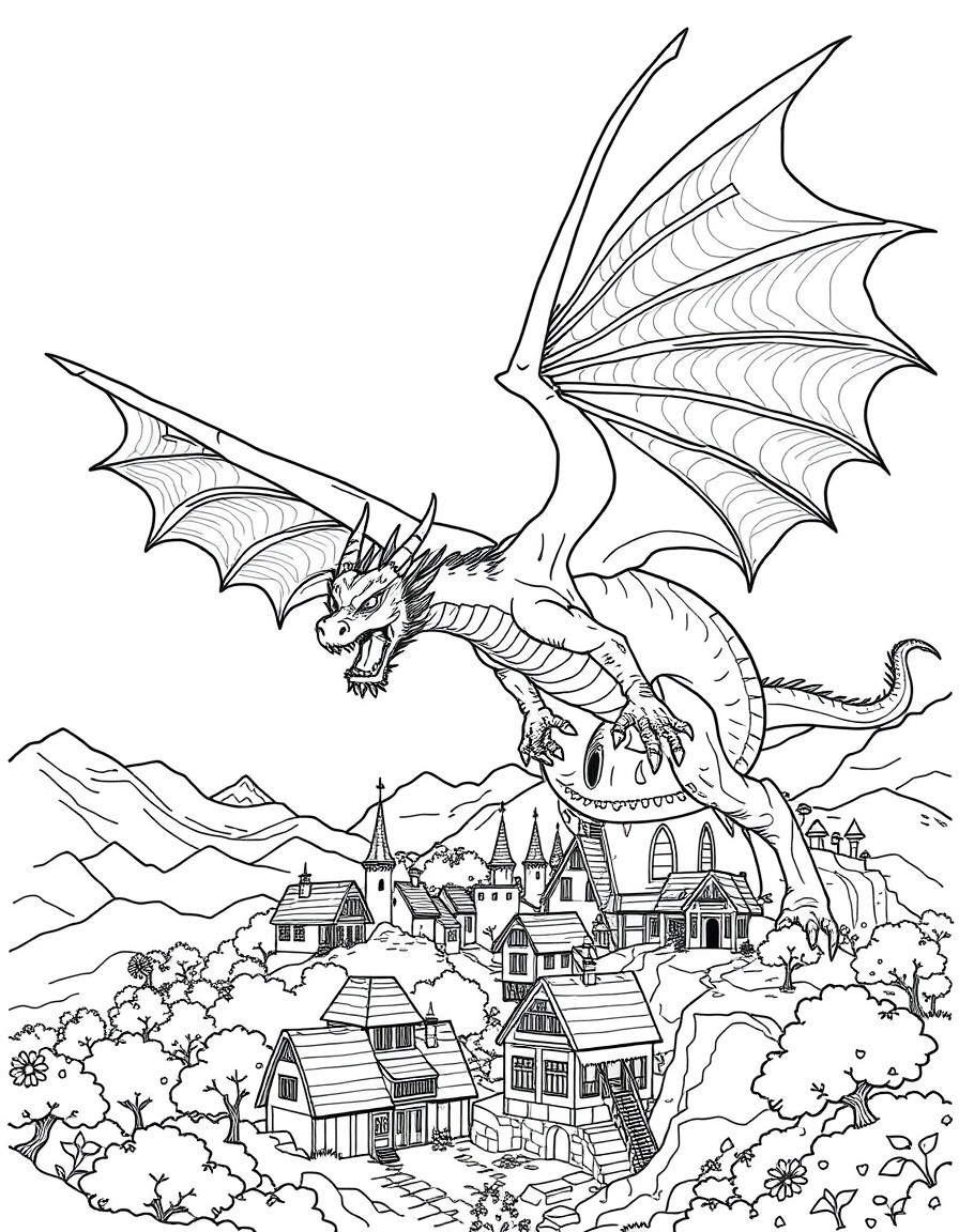 dragon flying above a village