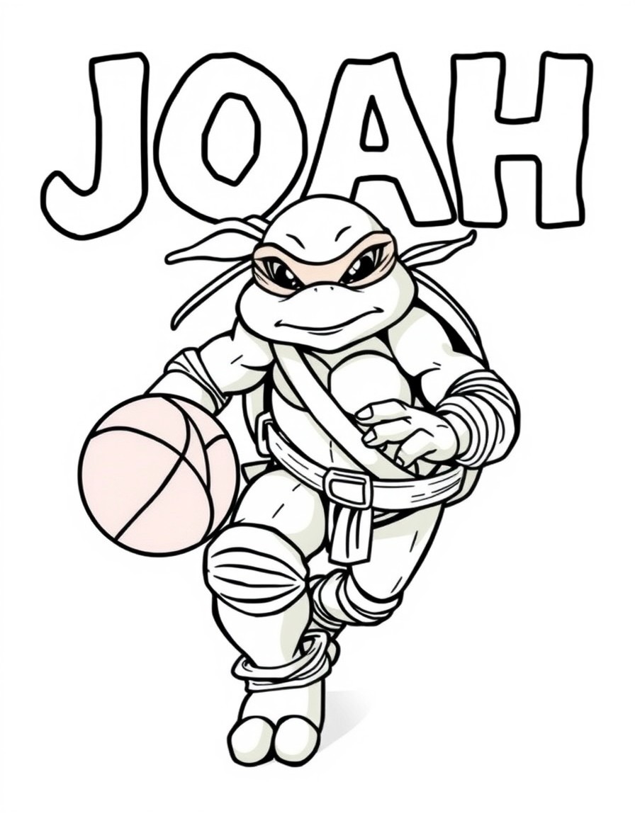 coloring page white background thick black lines only black an white of a ninja turtle playing basetball with the name JOAH spelled in the background