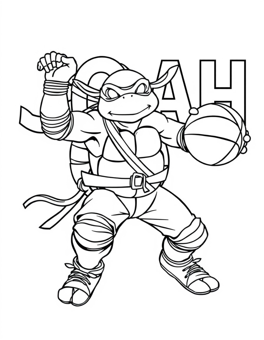 coloring page white background thick black lines only black an white of a ninja turtle playing basetball with the name JOAH spelled in the background