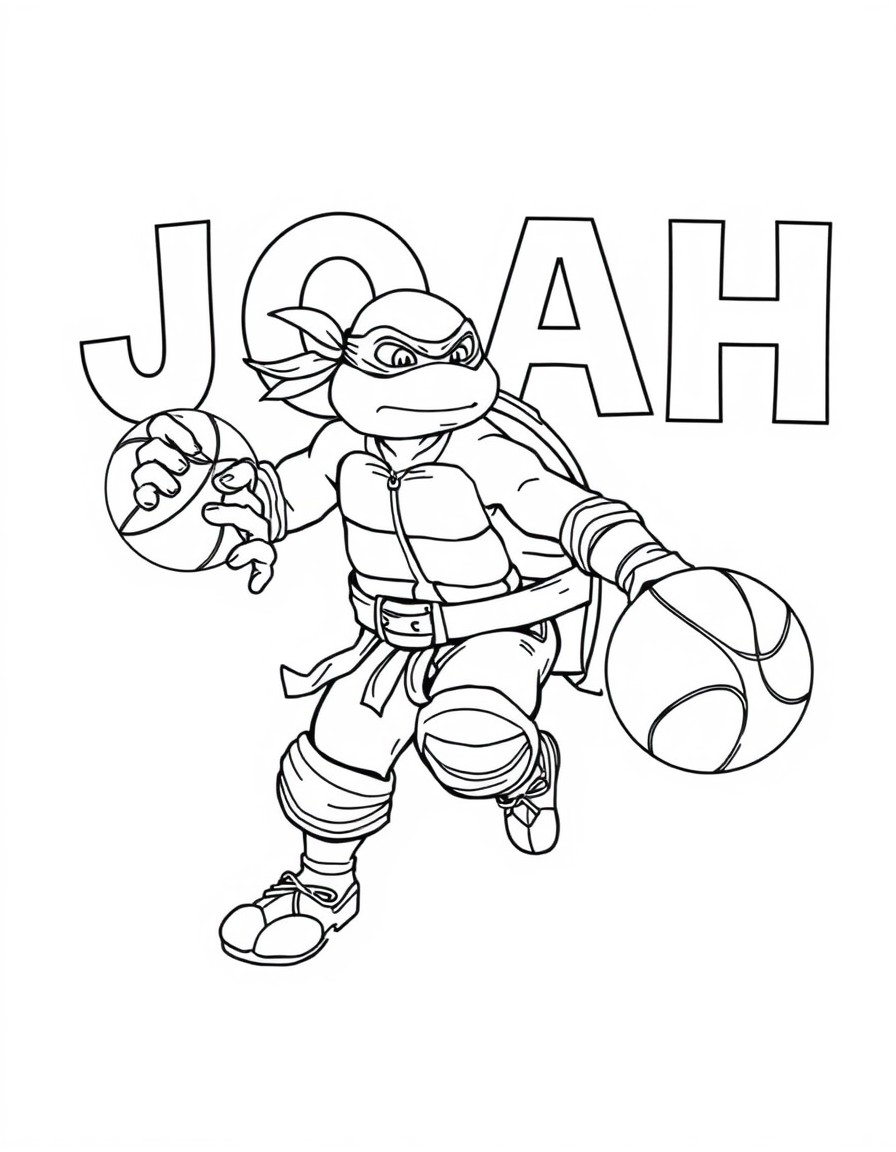 coloring page white background thick black lines only black an white of a ninja turtle playing basetball with the name JOAH spelled in the background