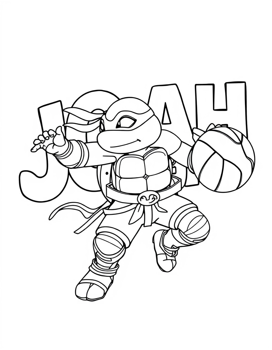 coloring page white background thick black lines only black an white of a ninja turtle playing basetball with the name JOAH spelled in the background