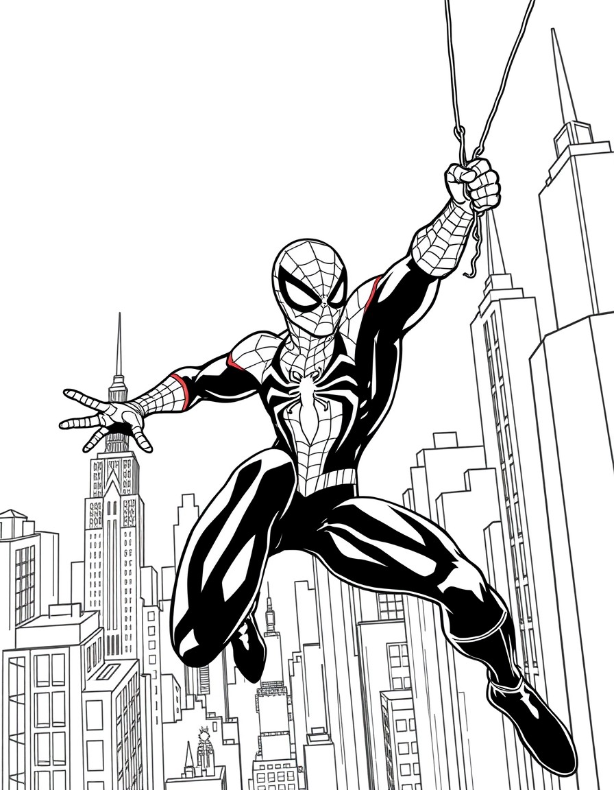 Spider-Man swinging through New York City skyline, in a black and white outline, ready for coloring