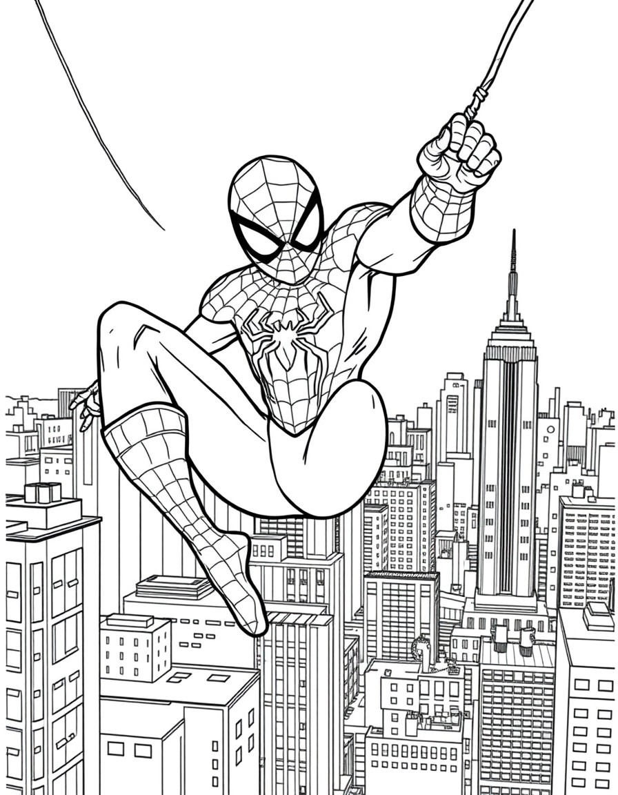 Spider-Man swinging through New York City skyline, in a black and white outline, ready for coloring