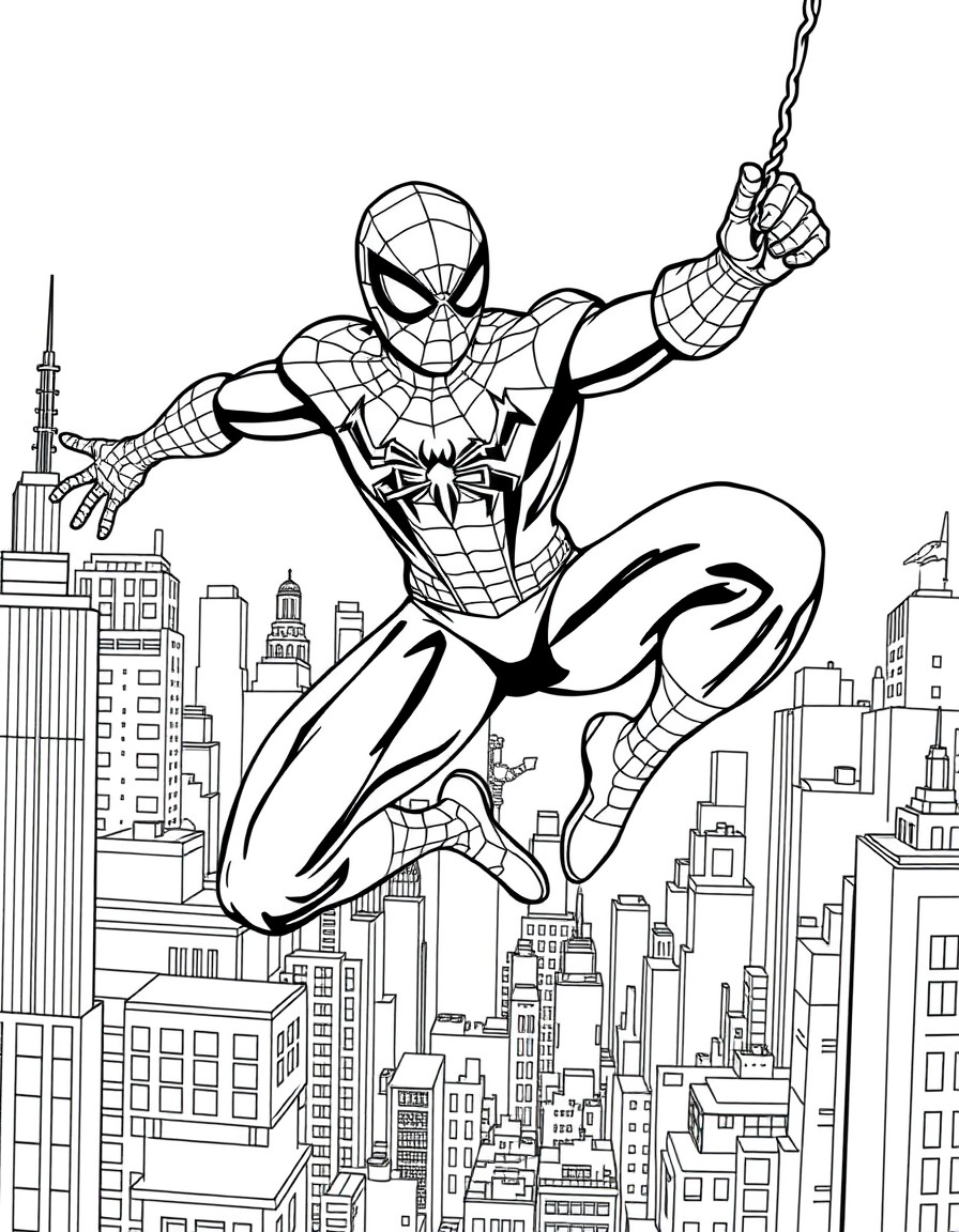 Spider-Man swinging through New York City skyline, in a black and white outline, ready for coloring