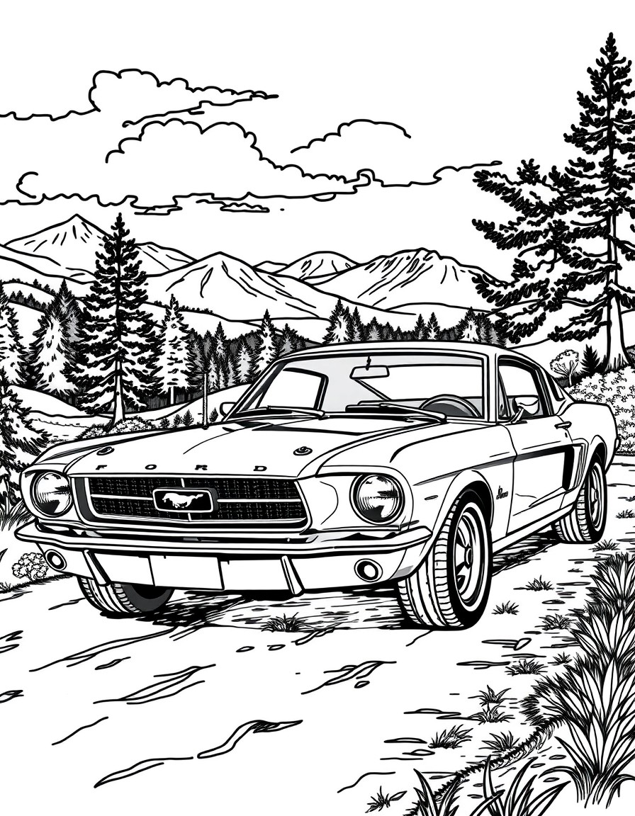 A vintage Ford Mustang in a scenic backdrop